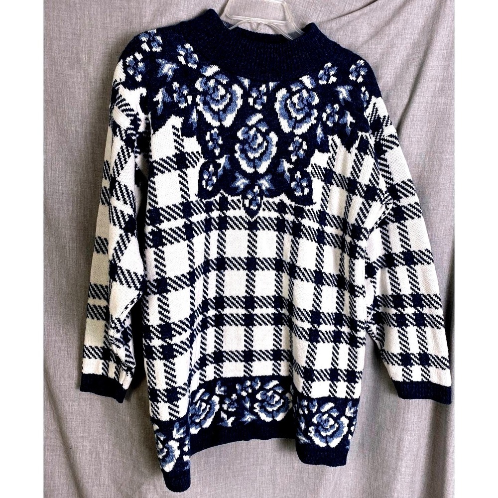 Vintage Carriage Court Blue White Floral Plaid Knit Sweater Oversized L/XL
